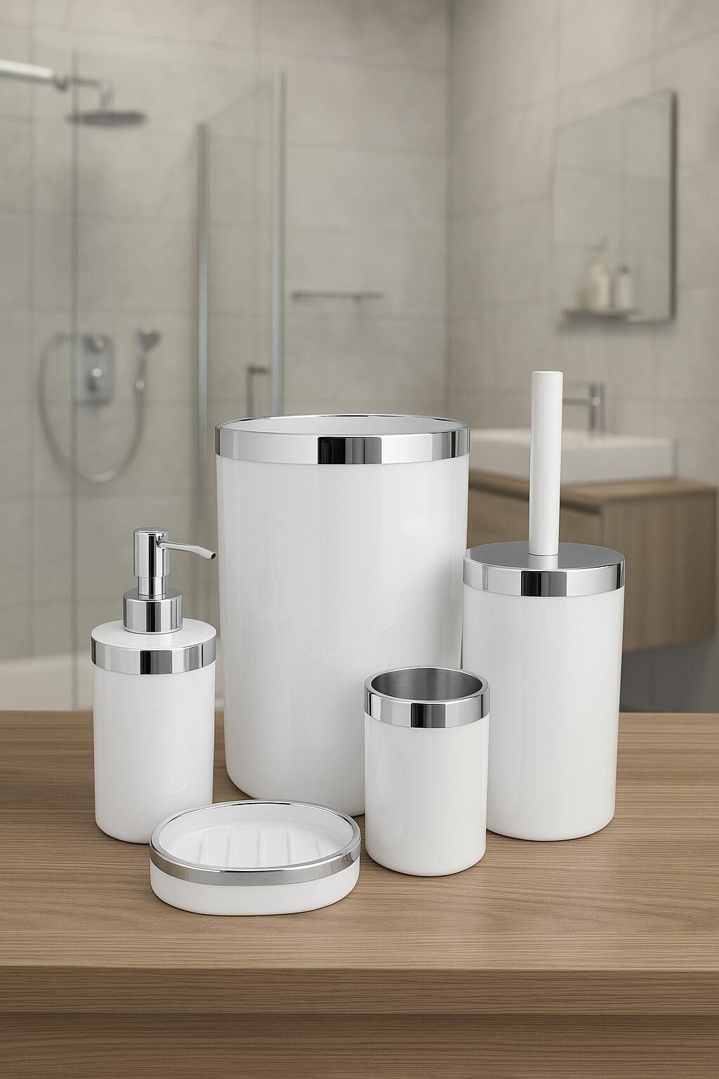 Krom Detaylı Lüks Plastik 5 Parça Tuvalet Banyo Seti