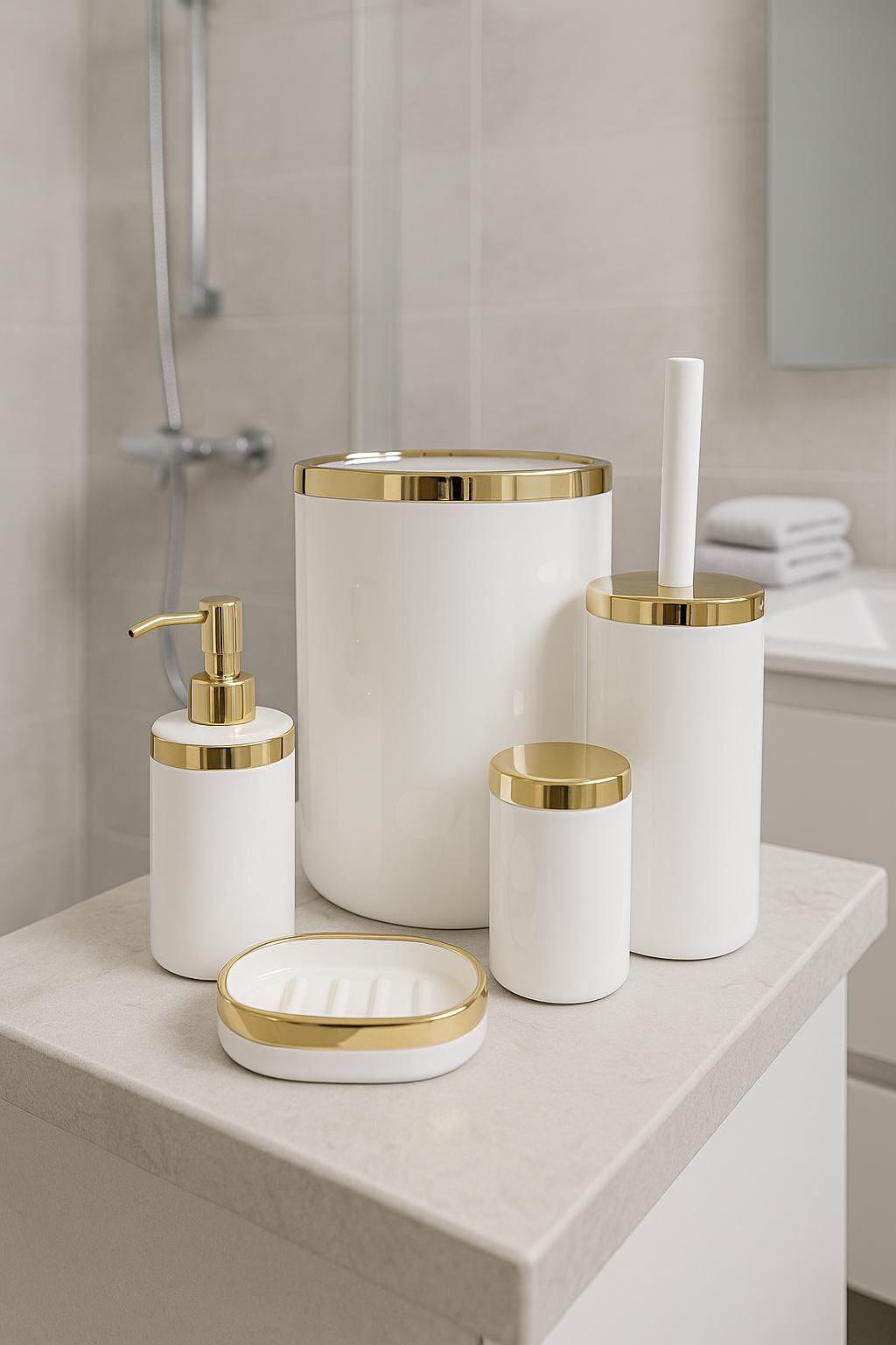 Gold Detaylı Lüks Plastik 5 Parça Tuvalet Banyo Seti