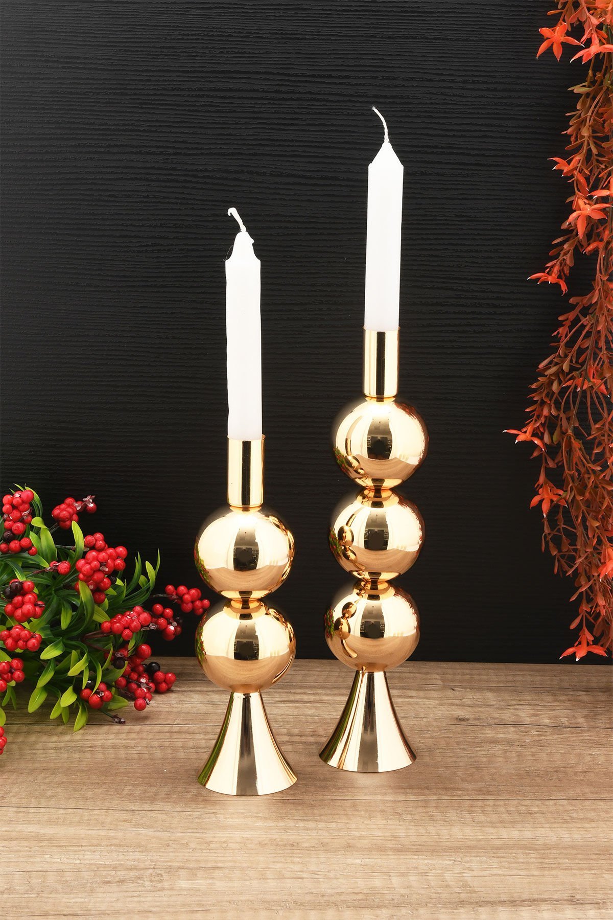 Dekoratif Metal Mumluk 2'li Şamdan Seti Gold