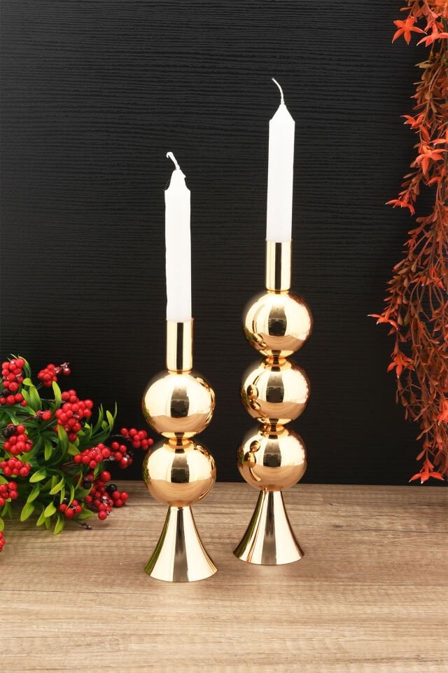 Dekoratif Metal Mumluk 2'li Şamdan Seti Gold