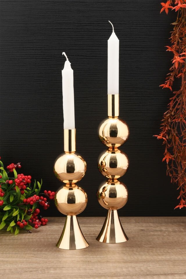 Dekoratif Metal Mumluk 2'li Şamdan Seti Gold