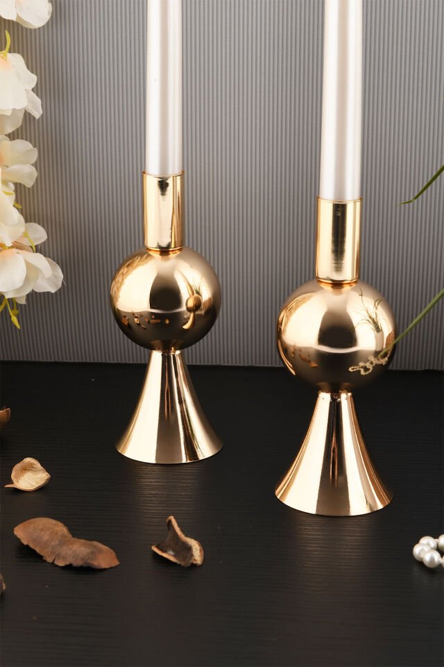 Dekoratif Metal Mumluk 2'li Şamdan Seti Küçük Gold Renk