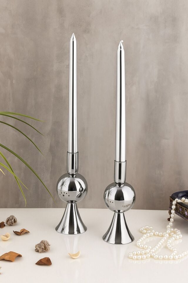 Dekoratif Metal Mumluk 2'li Şamdan Seti Küçük Platin Renk