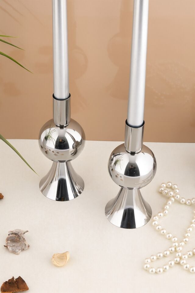 Dekoratif Metal Mumluk 2'li Şamdan Seti Küçük Platin Renk