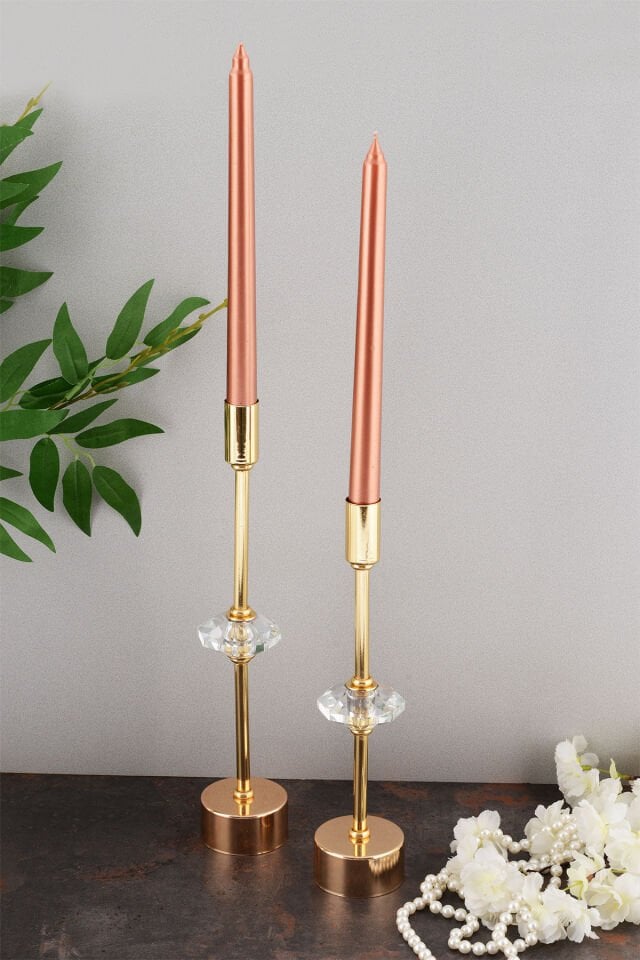 Kristal Dekorlu Gold Kaplama Metal Mumluk 2'li Lüx Şamdan