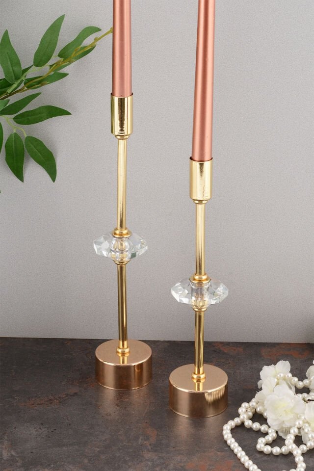Kristal Dekorlu Gold Kaplama Metal Mumluk 2'li Lüx Şamdan