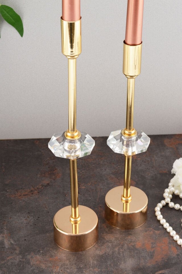 Kristal Dekorlu Gold Kaplama Metal Mumluk 2'li Lüx Şamdan