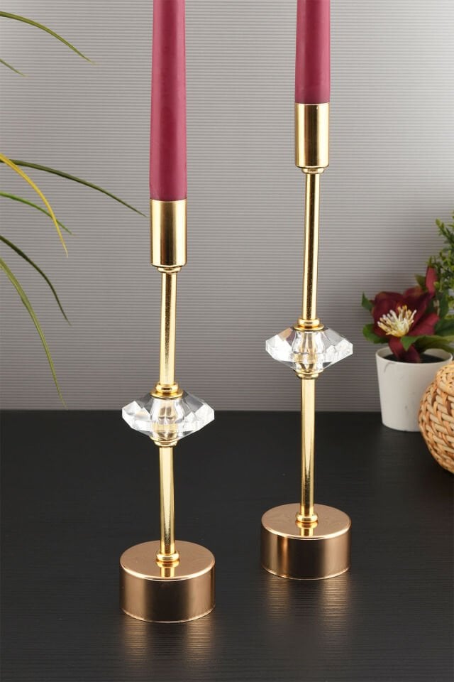Kristal Dekorlu Gold Kaplama Metal Mumluk 2'li Lüx Şamdan