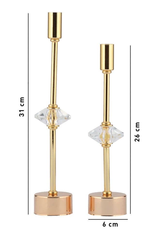 Kristal Dekorlu Gold Kaplama Metal Mumluk 2'li Lüx Şamdan