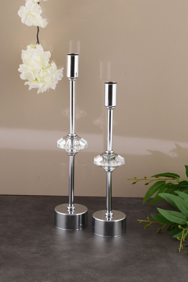 Kristal Dekorlu Gümüş Kaplama Metal Mumluk 2'li Lüx Şamdan