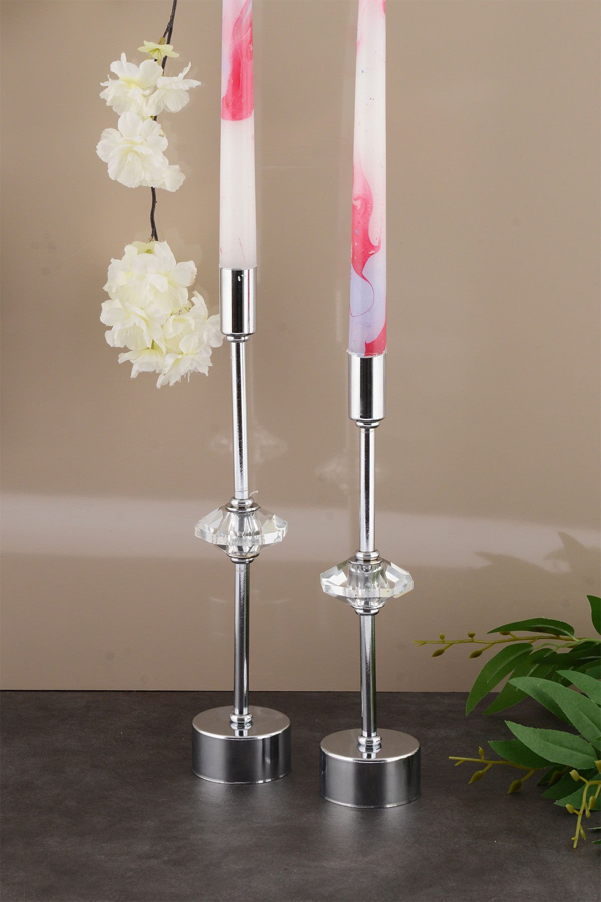 Kristal Dekorlu Gümüş Kaplama Metal Mumluk 2'li Lüx Şamdan