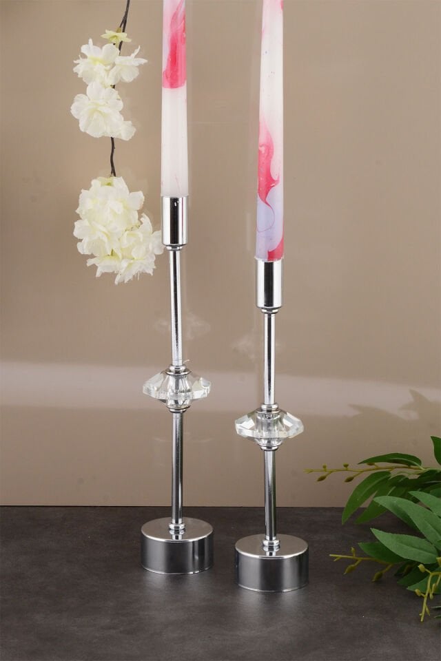 Kristal Dekorlu Gümüş Kaplama Metal Mumluk 2'li Lüx Şamdan