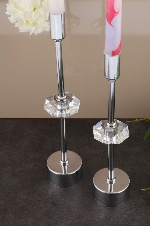 Kristal Dekorlu Gümüş Kaplama Metal Mumluk 2'li Lüx Şamdan