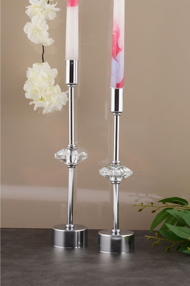 Kristal Dekorlu Gümüş Kaplama Metal Mumluk 2'li Lüx Şamdan