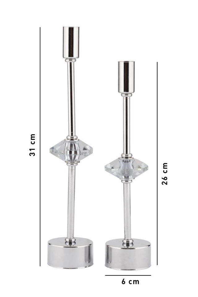 Kristal Dekorlu Gümüş Kaplama Metal Mumluk 2'li Lüx Şamdan