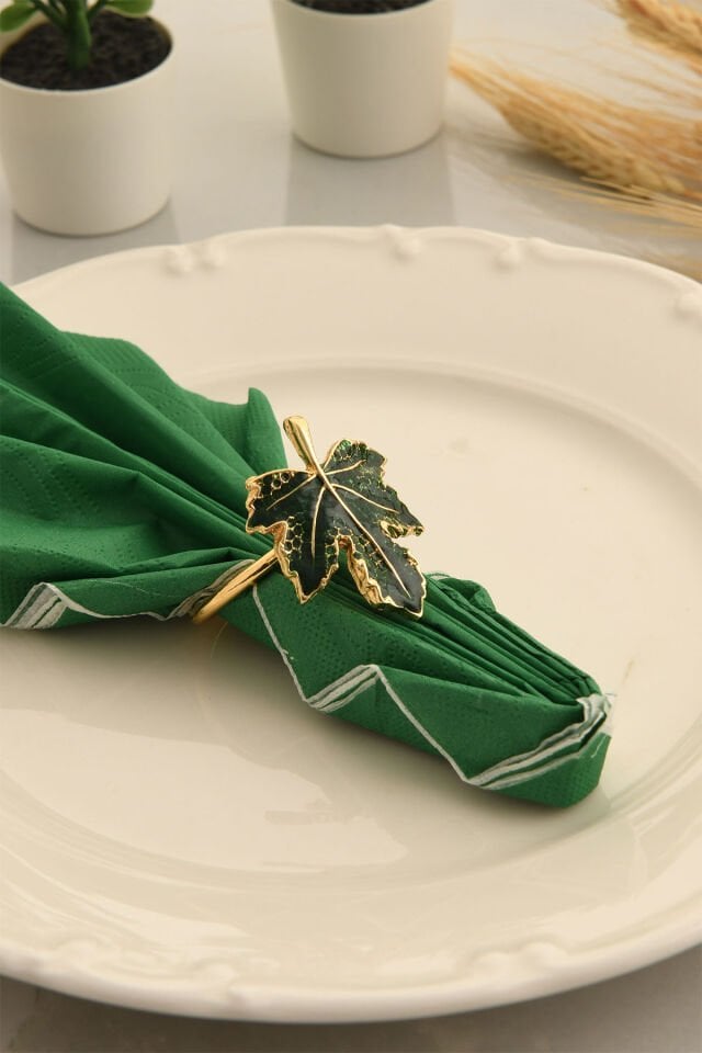 Lüks Peçete Halkası, Yeşil Mineli Yaprak Dekorlu Peçete Yüzüğü 6'lı Set