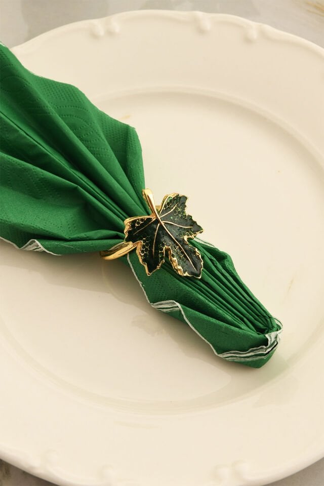 Lüks Peçete Halkası, Yeşil Mineli Yaprak Dekorlu Peçete Yüzüğü 6'lı Set