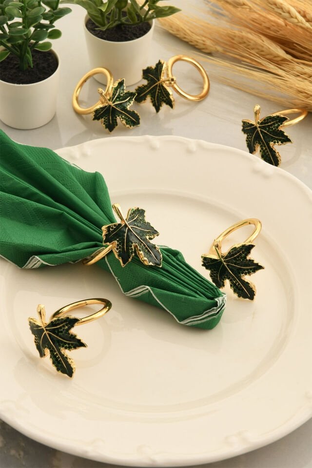 Lüks Peçete Halkası, Yeşil Mineli Yaprak Dekorlu Peçete Yüzüğü 6'lı Set