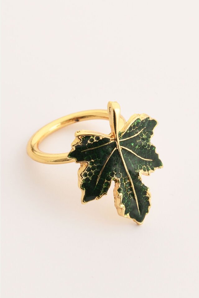 Lüks Peçete Halkası, Yeşil Mineli Yaprak Dekorlu Peçete Yüzüğü 6'lı Set