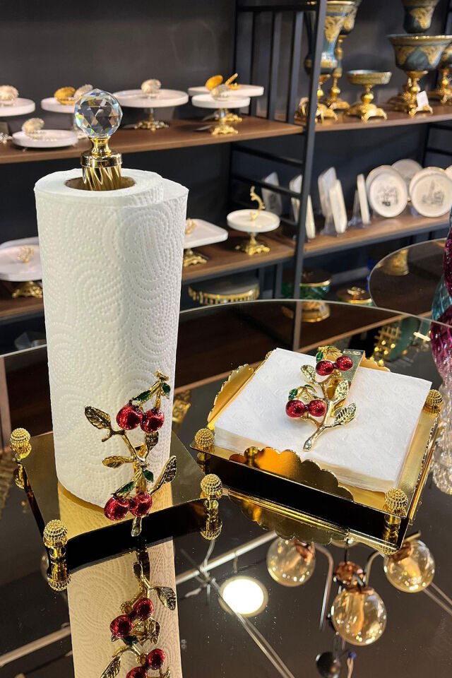 Metal Gold Peçetelik Seti, Kiraz Dekorlu Şık Peçetelik-Havlukağıtlık Set
