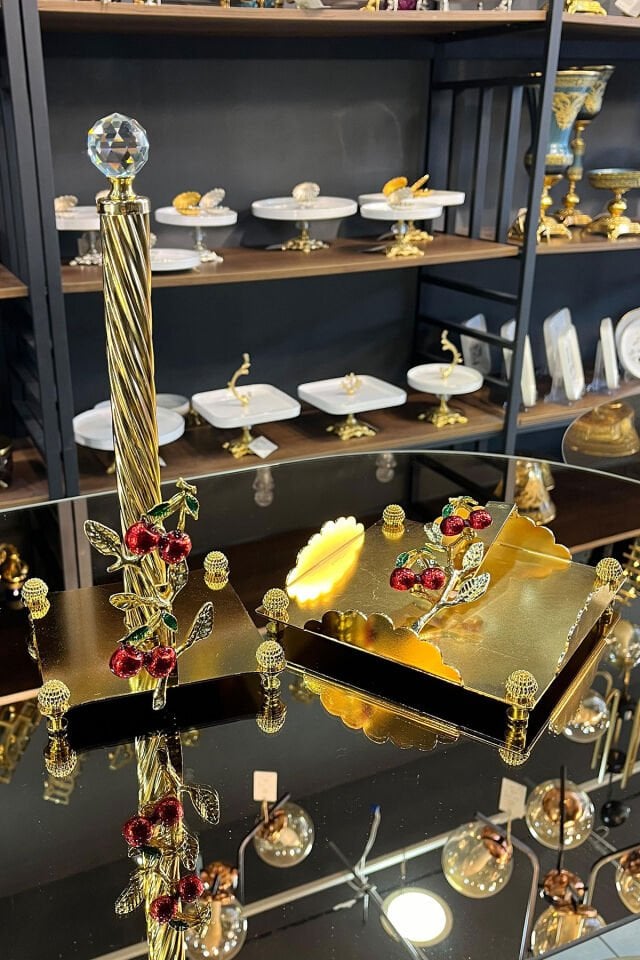 Metal Gold Peçetelik Seti, Kiraz Dekorlu Şık Peçetelik-Havlukağıtlık Set