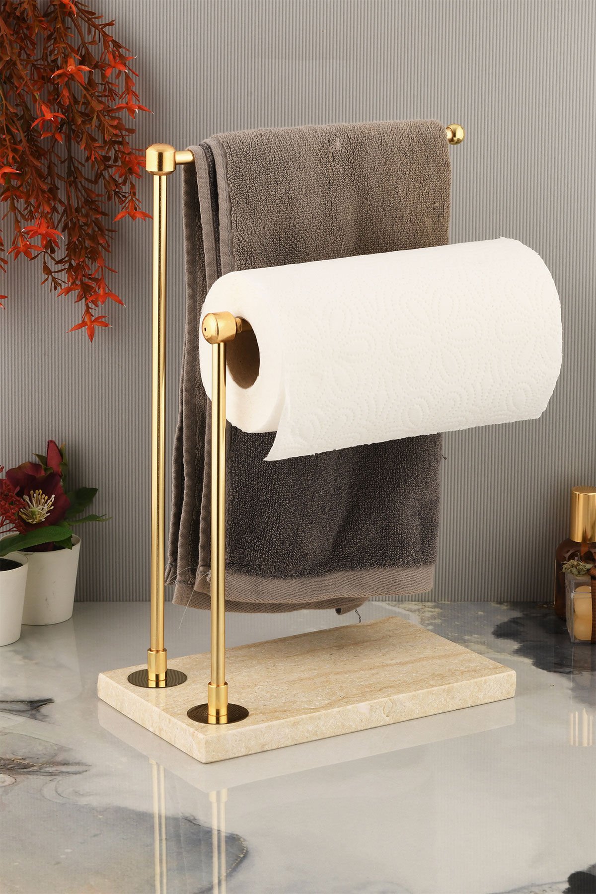 Mermer El Havluluk Kağıt Havluluk Gold Dekorlu Bej Desenli Mermer