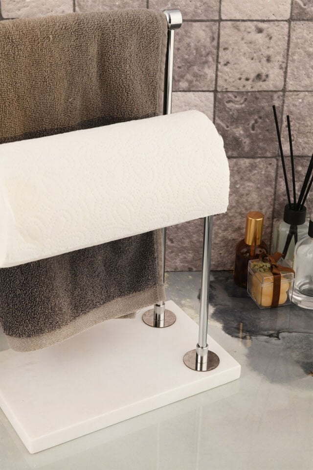 Mermer El Havluluk Kağıt Havluluk Krom Dekorlu Beyaz Desenli Mermer