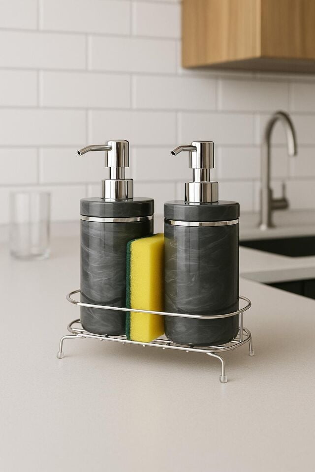 METAL STANDLI 2'Lİ  SIVI SABUNLUK SÜNGER HAZNELİ GRI