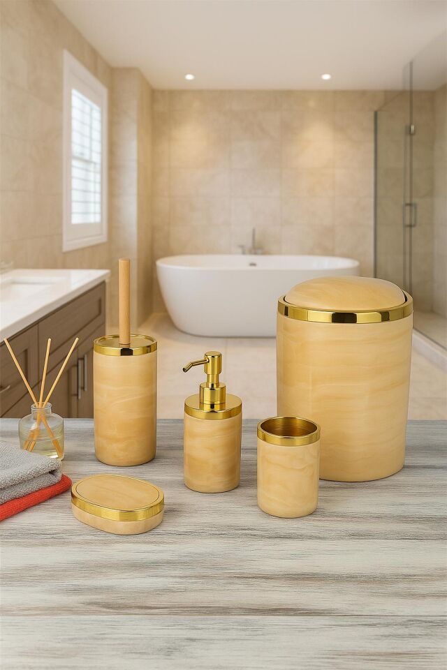 Gold Detaylı Lüks Plastik 5 Parça Tuvalet Banyo Seti