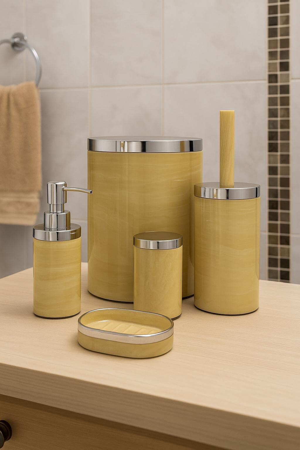 Krom Detaylı Lüks Plastik 5 Parça Tuvalet Banyo Seti