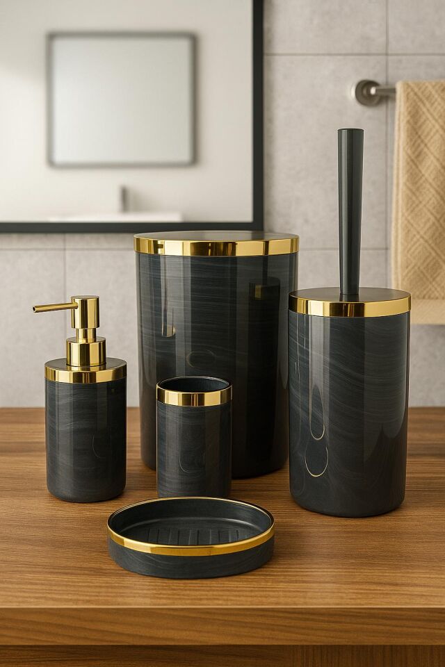 Gold Detaylı Lüks Plastik 5 Parça Tuvalet Banyo Seti