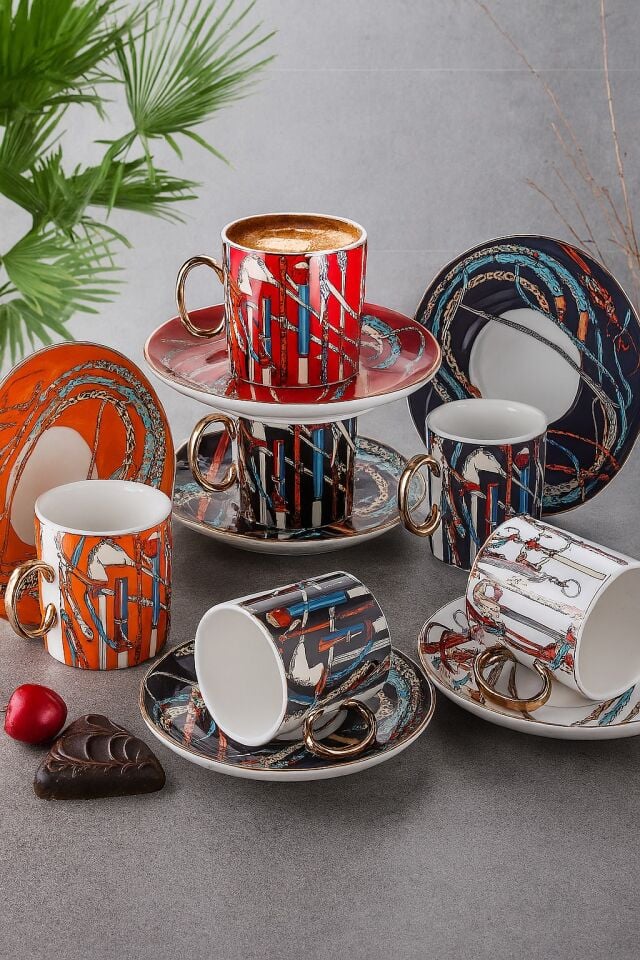 Renkli Desenli 6'lı Türk Kahvesi Fincan Takımı