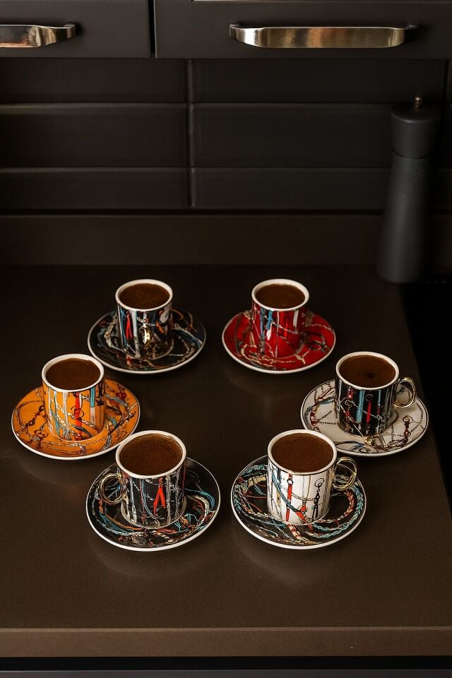 Renkli Desenli 6'lı Türk Kahvesi Fincan Takımı