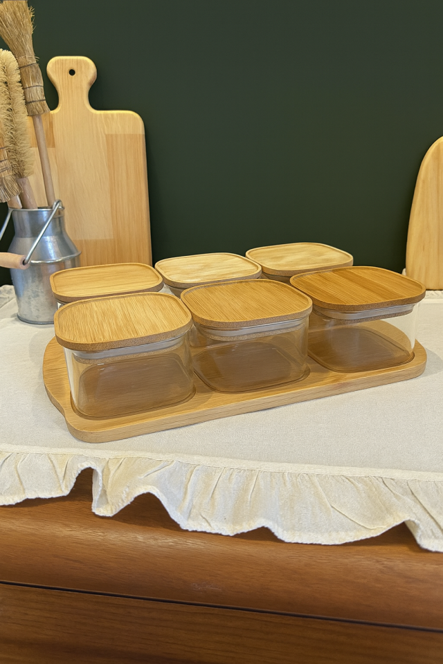 BAMBU TEPSİLİ CAM ÇEREZLİK - KAHVALTILIK BAMBU KAPAKLI