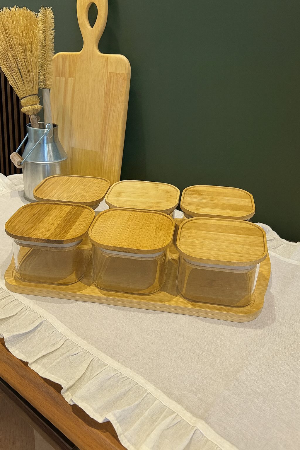 BAMBU TEPSİLİ CAM ÇEREZLİK - KAHVALTILIK BAMBU KAPAKLI