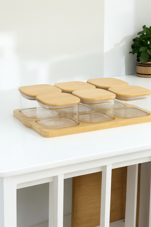 BAMBU TEPSİLİ CAM ÇEREZLİK - KAHVALTILIK BAMBU KAPAKLI