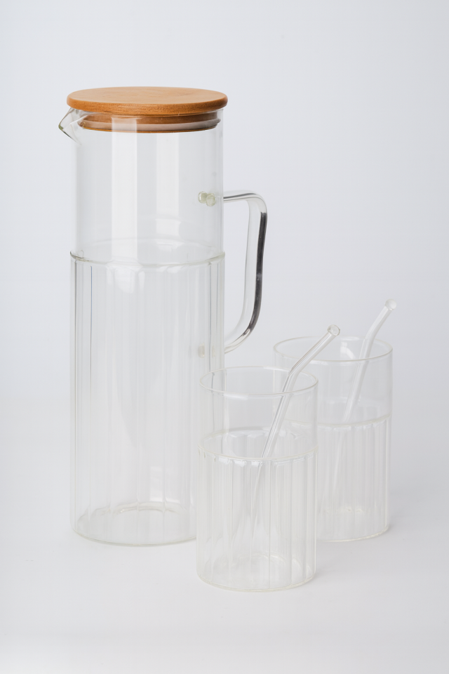 BAMBU KAPAKLI 1.8LT CAM SÜRAHİ 2 Lİ PİPETLİ BARDAK SETİ