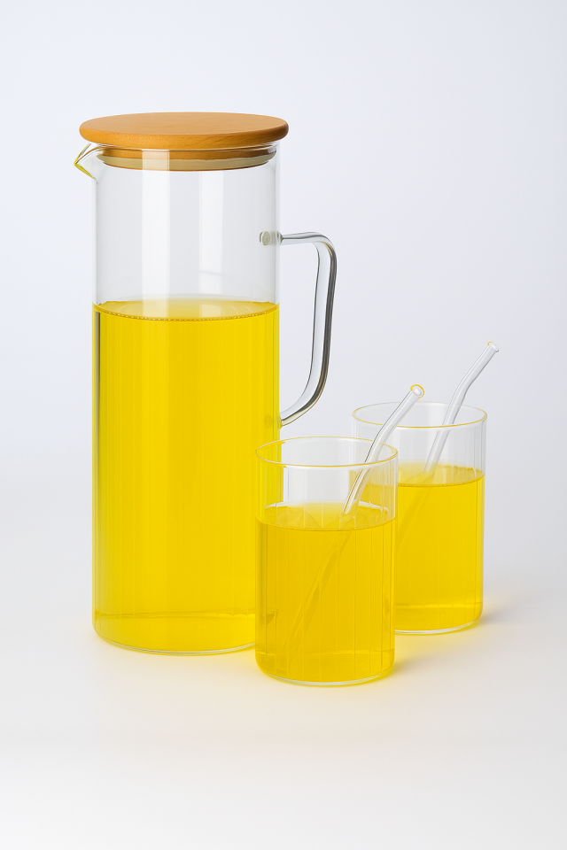 BAMBU KAPAKLI 1.8LT CAM SÜRAHİ 2 Lİ PİPETLİ BARDAK SETİ