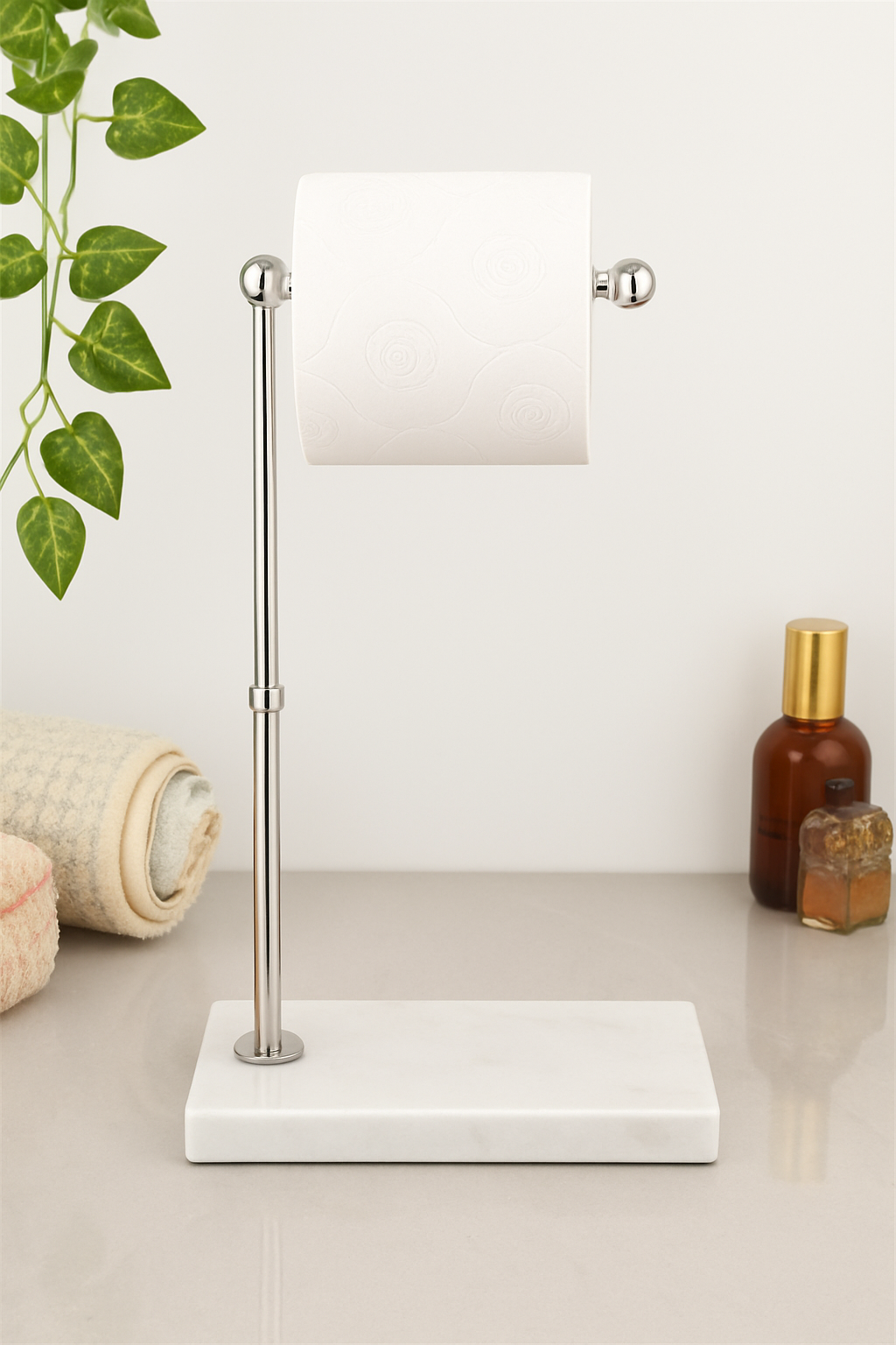 Mermer Kağıtlık Krom Dekorlu Beyaz Desenli Mermer