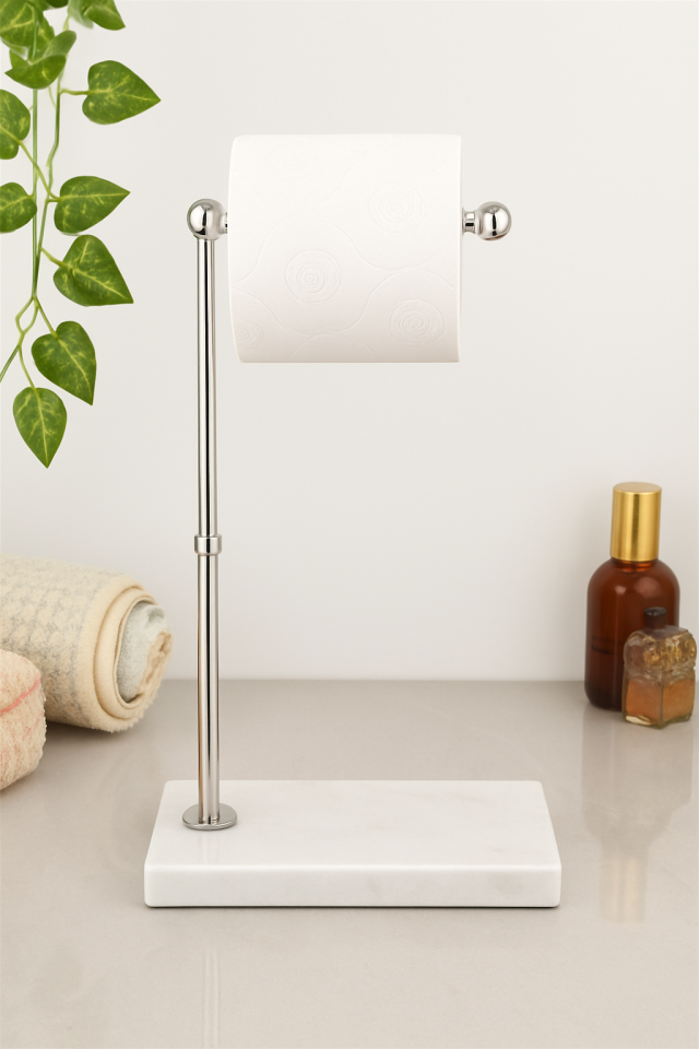 Mermer Kağıtlık Krom Dekorlu Beyaz Desenli Mermer